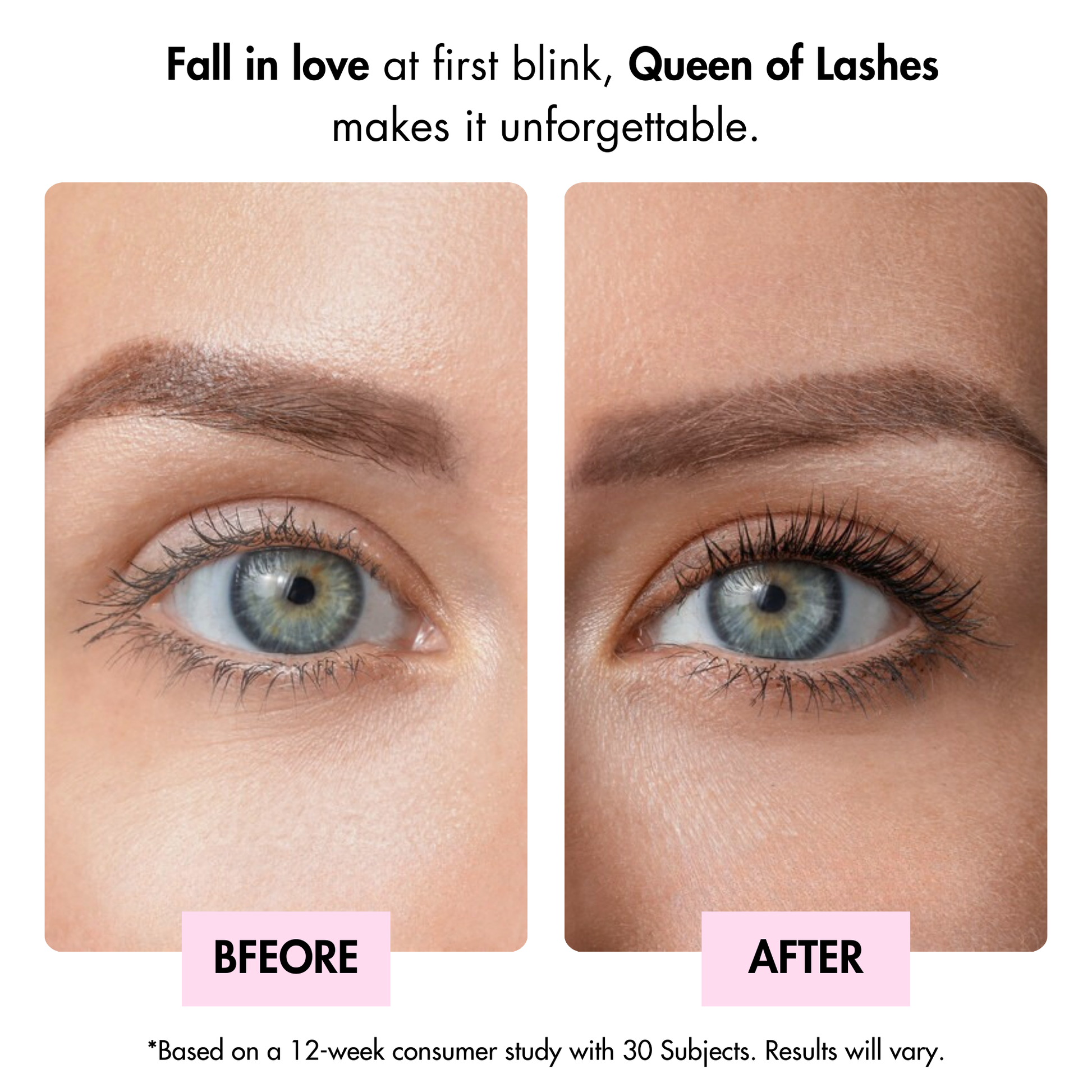 Before and after lash growth results using Dr. Crazy Queen of Lashes Serum. Shows visibly longer, thicker, and healthier natural lashes. Safe for daily use and suitable for teens.