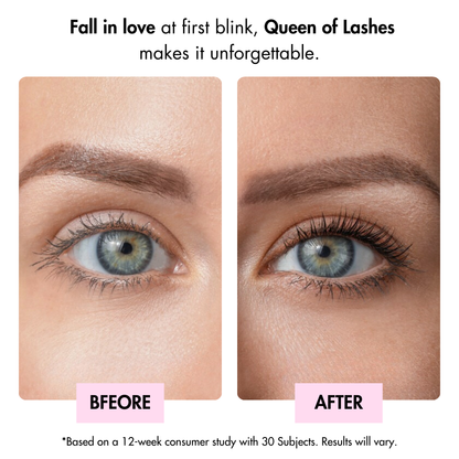 Before and after lash growth results using Dr. Crazy Queen of Lashes Serum. Shows visibly longer, thicker, and healthier natural lashes. Safe for daily use and suitable for teens.