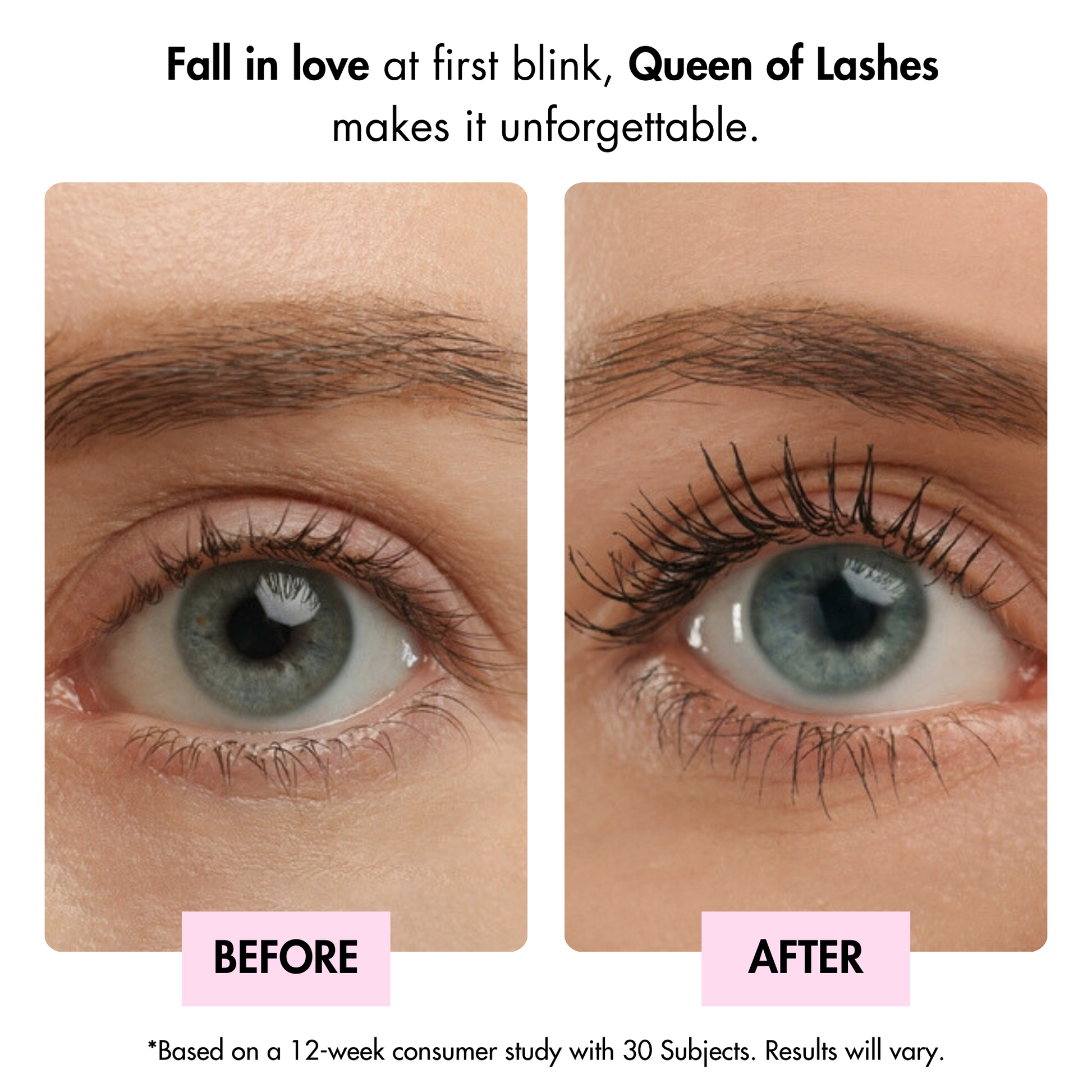 Before and after lash growth results using Dr. Crazy Queen of Lashes Serum. Shows visibly longer, thicker, and healthier natural lashes. Safe for daily use and suitable for teens.